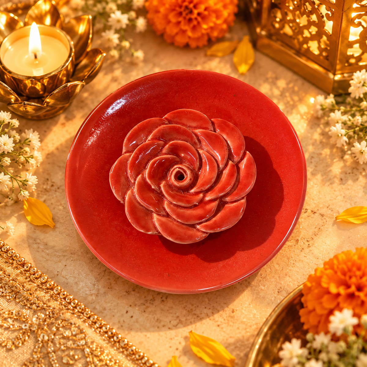 Red Rose Ceramic Incense Holder with Plate – Diwali Décor