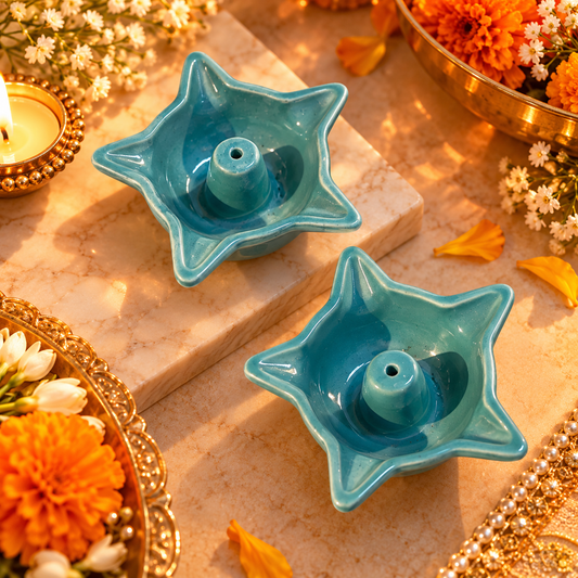 Blue Star Ceramic Incense Stick Holder – Diwali & Pooja Décor (set of 2)