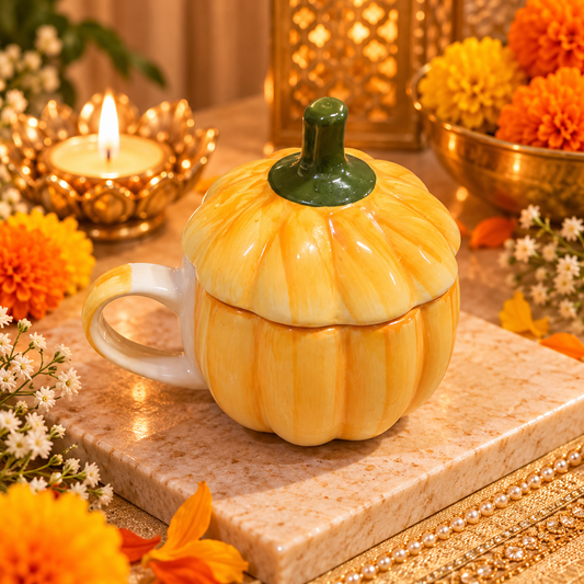 Pumpkin Ceramic Mug with Lid – Yellow Festive Coffee Mug