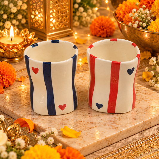 Handpainted Heart & Stripes Ceramic Tumbler Set of 2