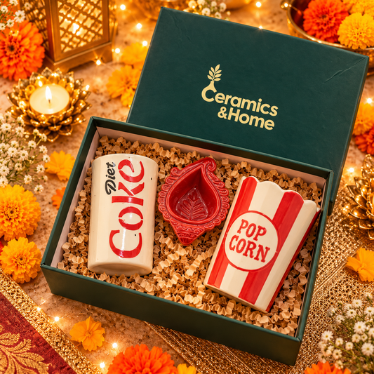 Diet Coke & Popcorn Ceramic Diwali Gift Set with Diya – 3 Piece