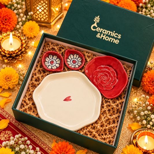 Heart & Rose Ceramic Serving Platter Gift Set with 2 Diya