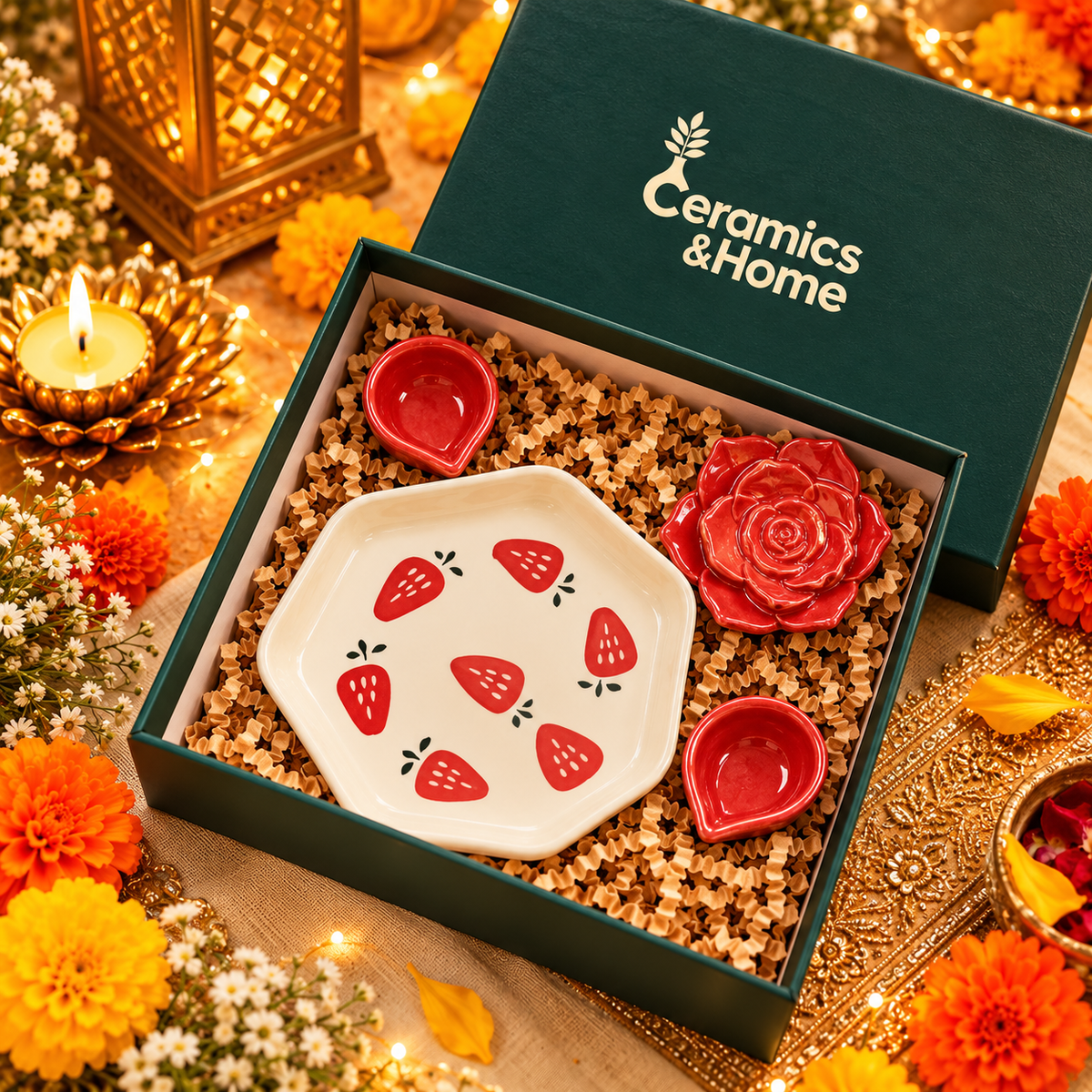 Strawberry Love Ceramic Serving & Diya Gift Set – 4 Pcs