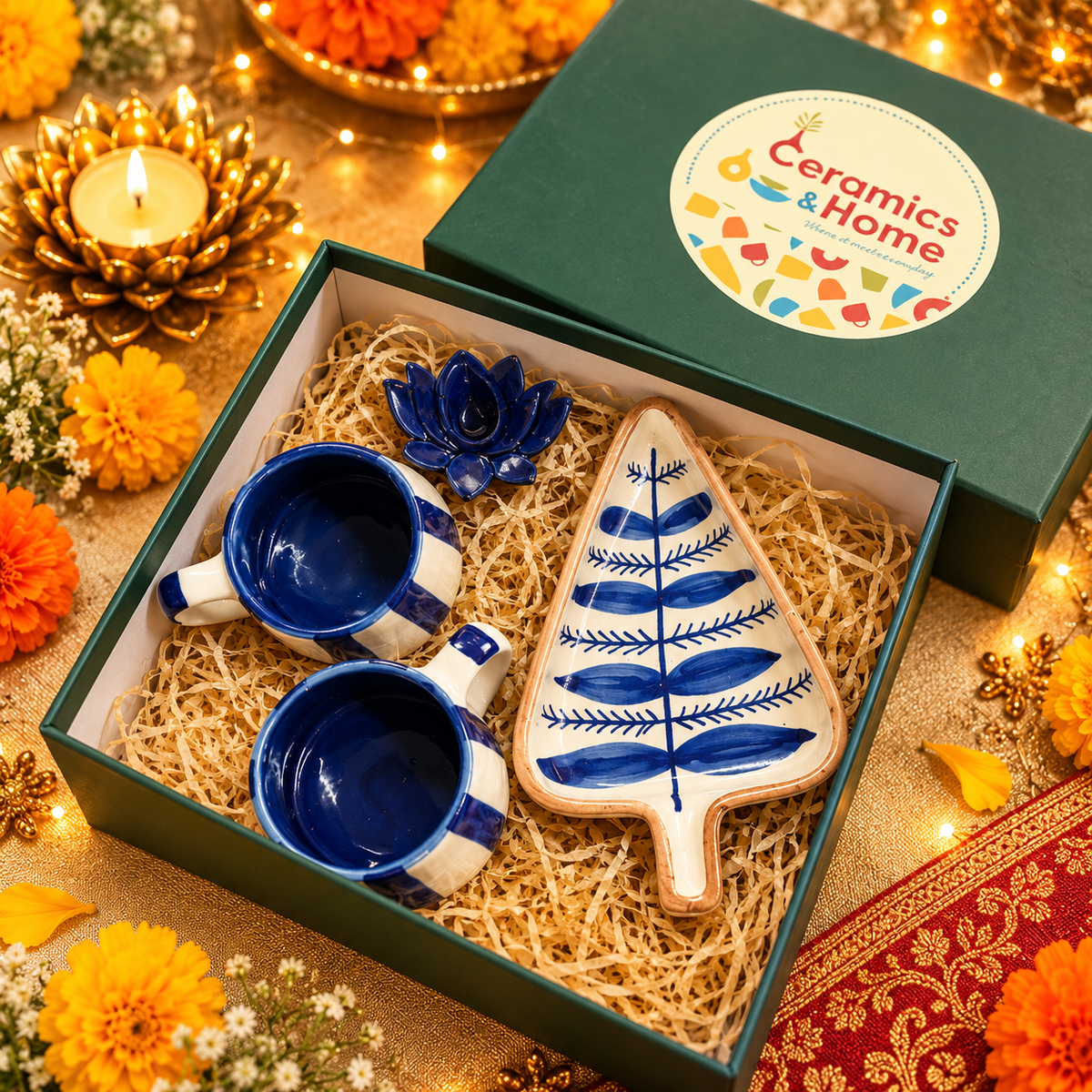 Blue Botanical Ceramic Gift Set – 2 Cups, Tree Platter & Lotus Diya