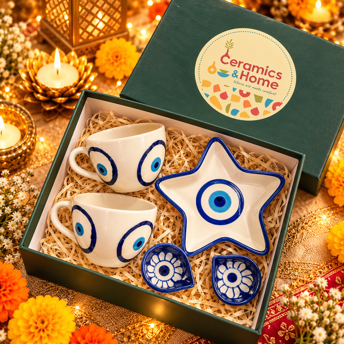Evil Eye Ceramic Gift Set – 2 Mugs, Star Platter & Mini Bowls