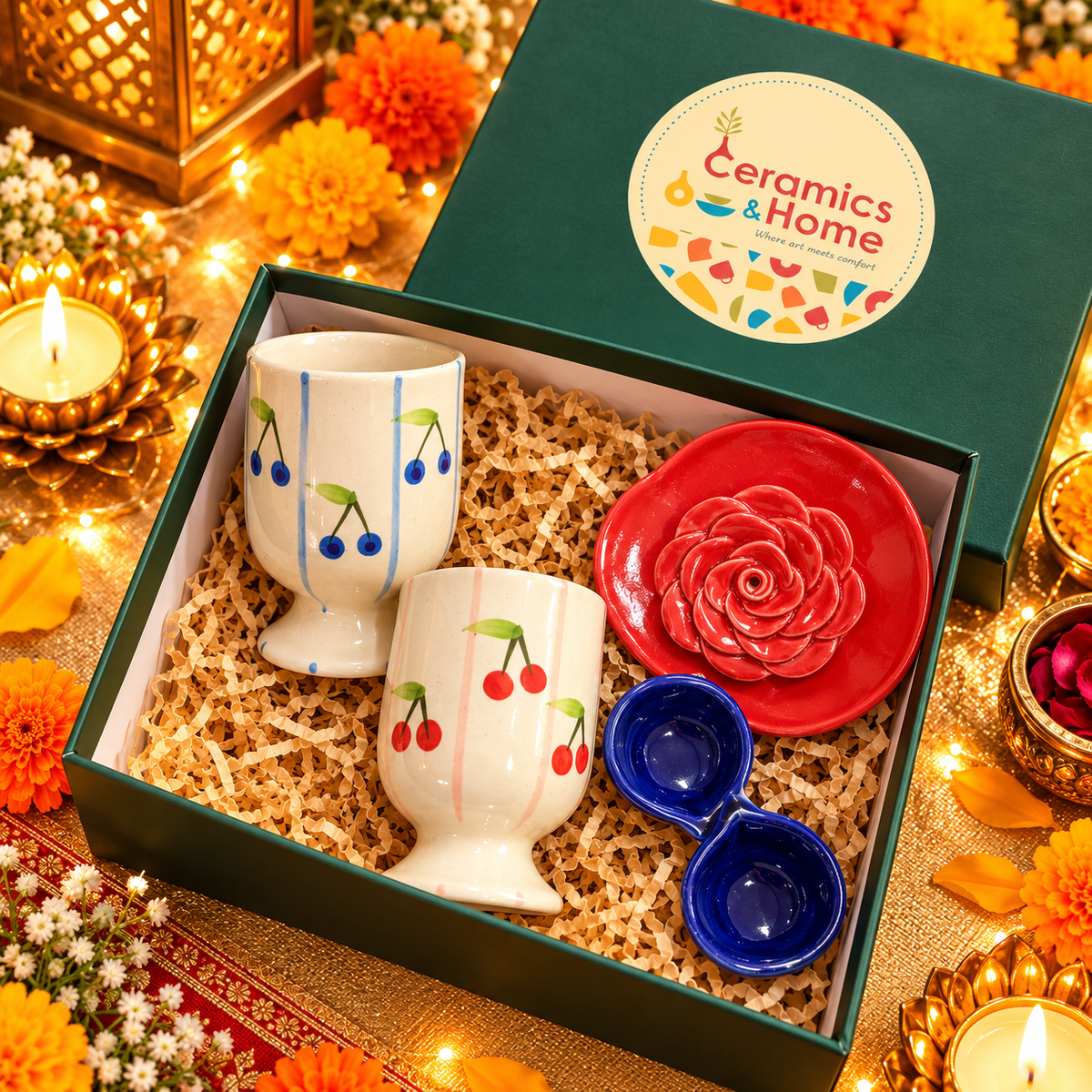 Cherry Bliss Ceramic Gift Set – 2 Mugs, Rose Décor & Mini Bowls