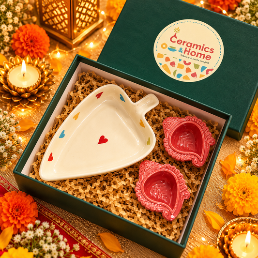 Heart & Diya Ceramic Festive Gift Set – 3 Pieces