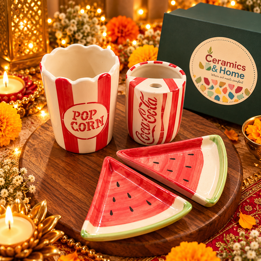 Netflix & Chill Ceramic Snack Set – Popcorn Tub, Coke Cup & Watermelon Plates | 4-Piece Set