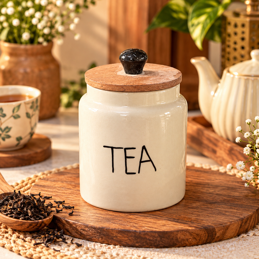 Aesthetic Ceramic Tea Storage Jar with Wooden Lid – Cream Kitchen Canister