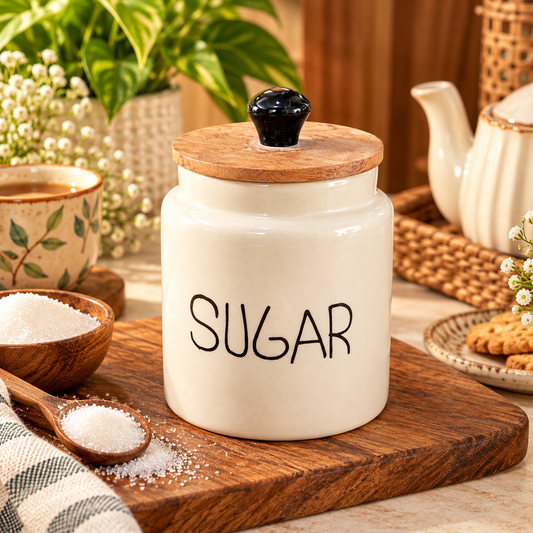 Aesthetic Ceramic Sugar Storage Jar with Wooden Lid – Cream Kitchen Canister