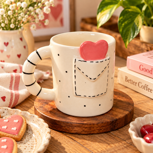 Love Letter Ceramic Mug with 3D Pink Heart – Aesthetic Coffee Mug