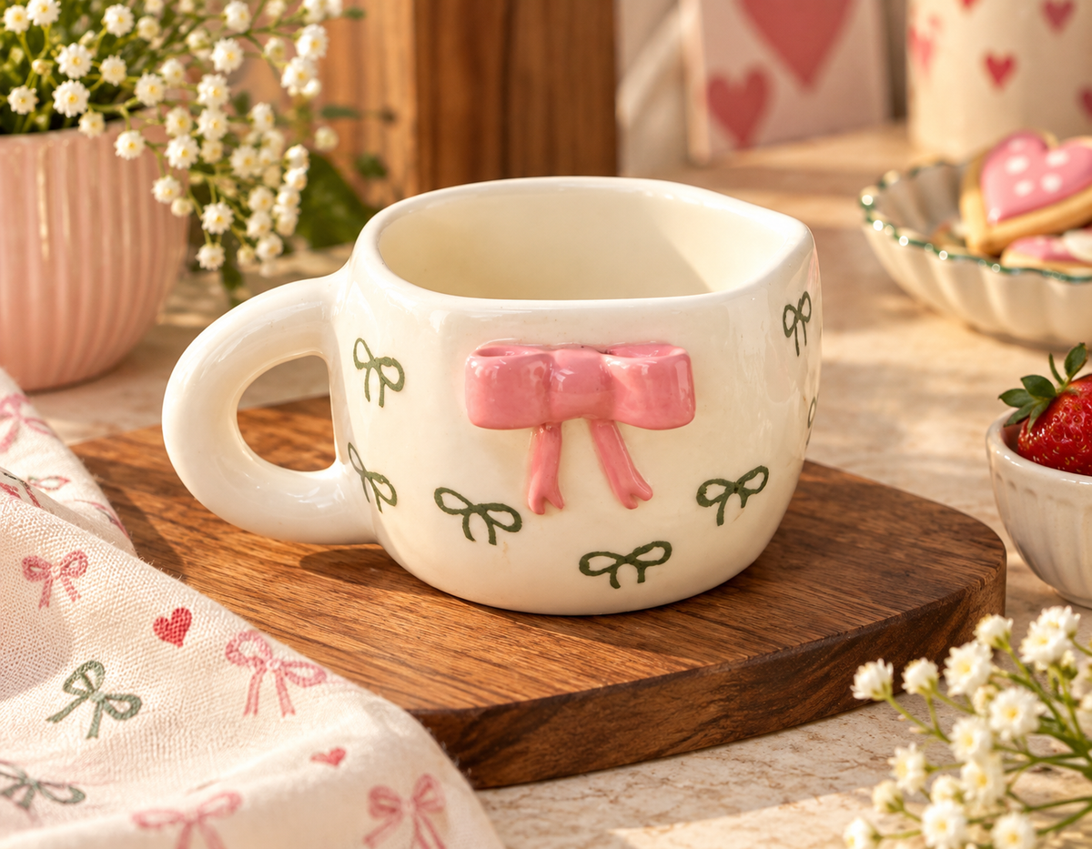 Pink 3D Bow Ceramic Coffee Mug – Cute Aesthetic Handmade Cup