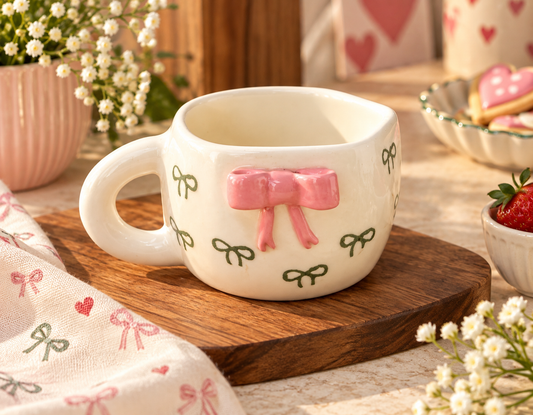 Pink 3D Bow Ceramic Coffee Mug – Cute Aesthetic Handmade Cup