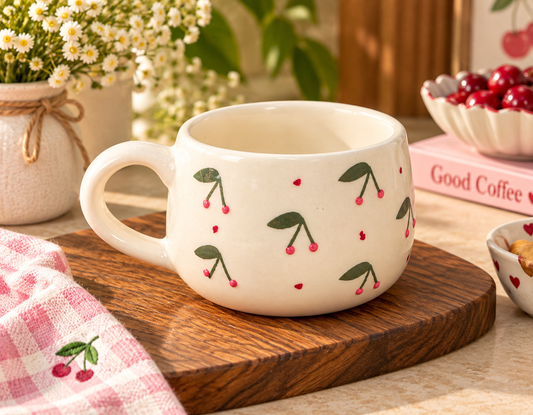 Cute Cherry Print Ceramic Coffee Mug – Aesthetic Handmade Cup