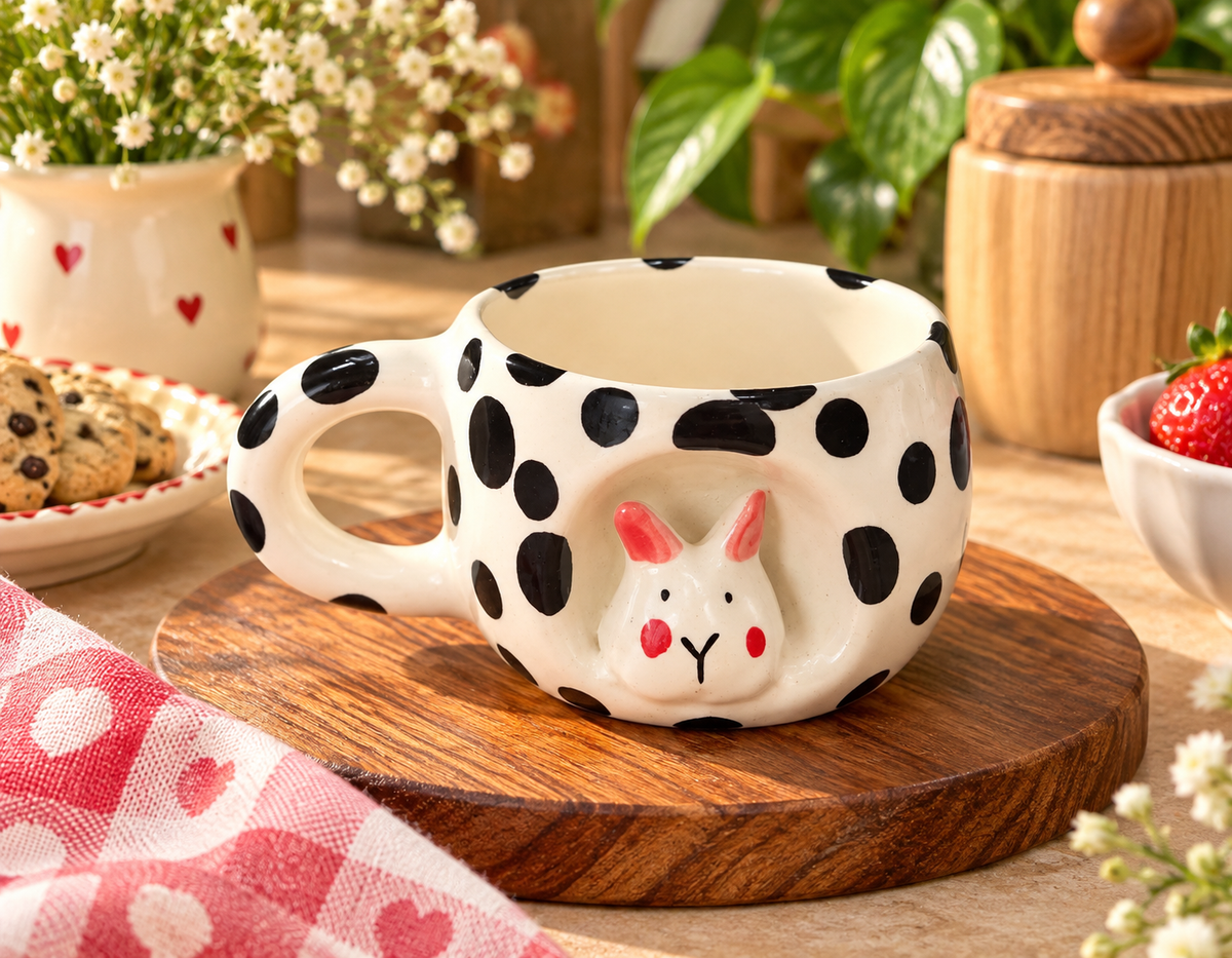 Cute 3D Bunny Ceramic Coffee Mug – Black & White Polka Dot Aesthetic Cup