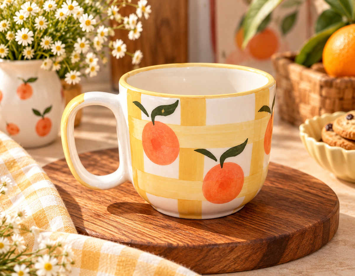 Sunny Orange Checkered Ceramic Coffee Mug | Handpainted Aesthetic Mug