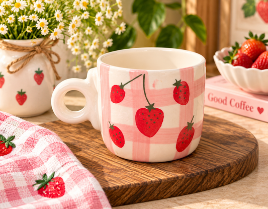 Strawberry Pink Checkered Ceramic Coffee Mug | Aesthetic Handpainted Mug