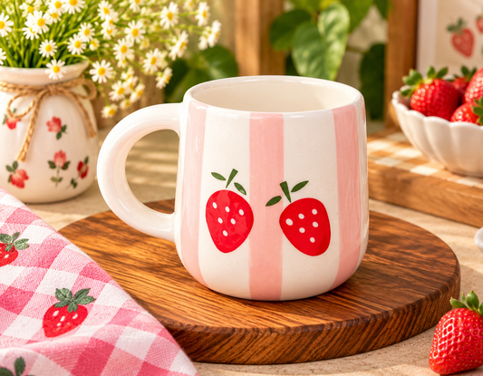 Sweet Strawberry Pink Striped Ceramic Coffee Mug | Handpainted Aesthetic Mug