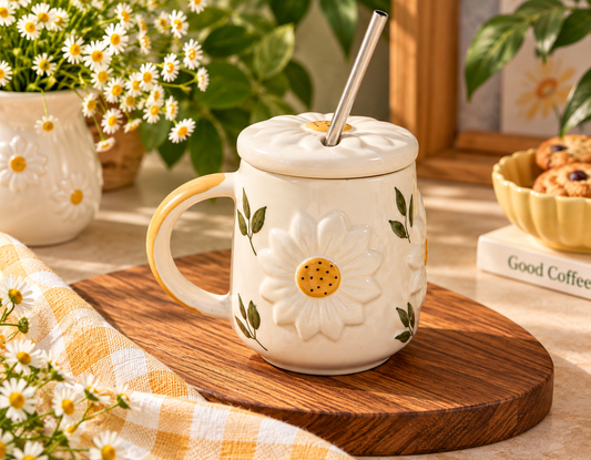 Daisy Bloom Ceramic Mug with Lid & Straw | 3D Floral Coffee Mug