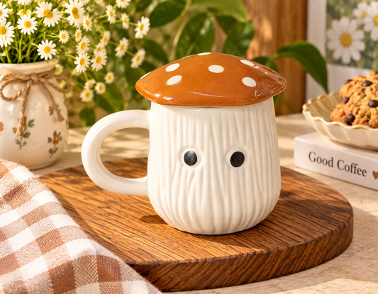 Cute Mushroom Ceramic Mug with Lid | Aesthetic Cottagecore Coffee Mug