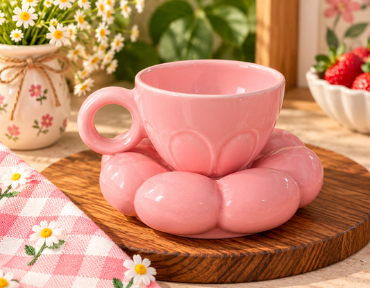 Pink Bubble Flower Ceramic Cup & Saucer Set | Aesthetic 3D Floral Tea Cup