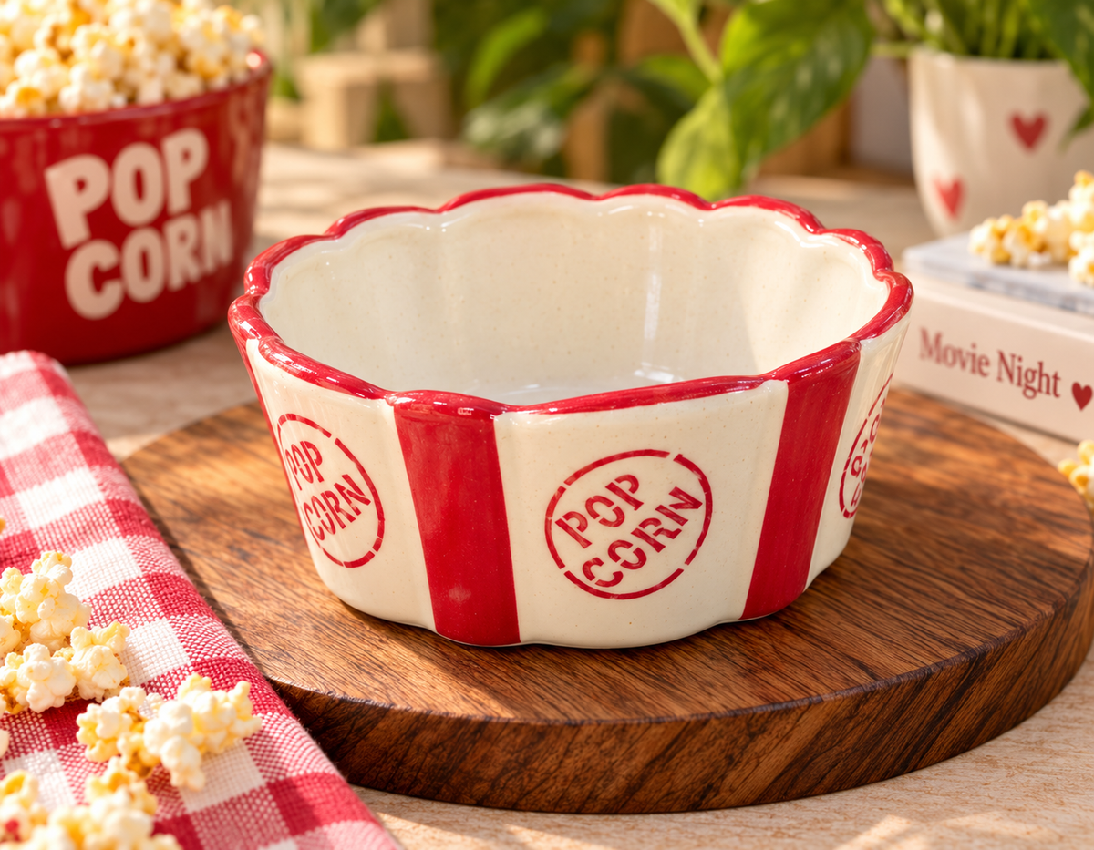 Retro Popcorn Ceramic Snack Bowl – Red & White