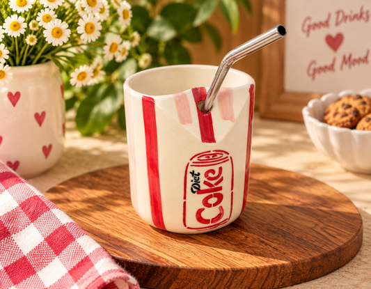 Diet Coke Inspired Ceramic Sipper Cup with Stainless Steel Straw | Aesthetic Soda Cup
