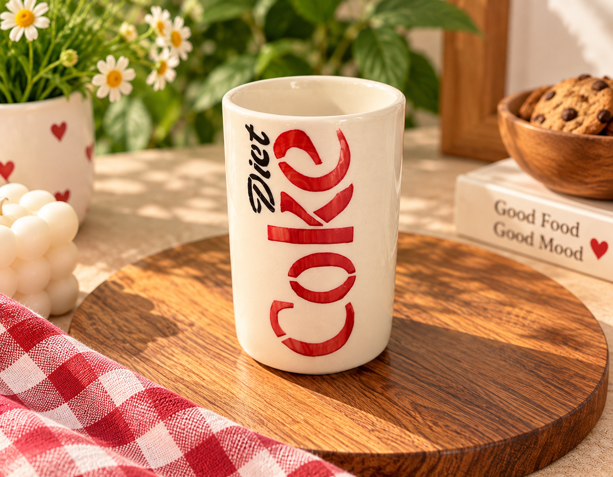 Diet Coke Inspired Ceramic Tumbler | Aesthetic Handpainted Soda Glass