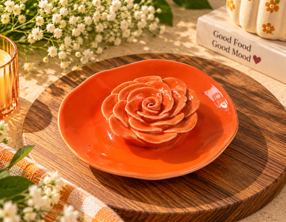 Orange Rose Ceramic Trinket Dish | 3D Floral Jewellery Holder