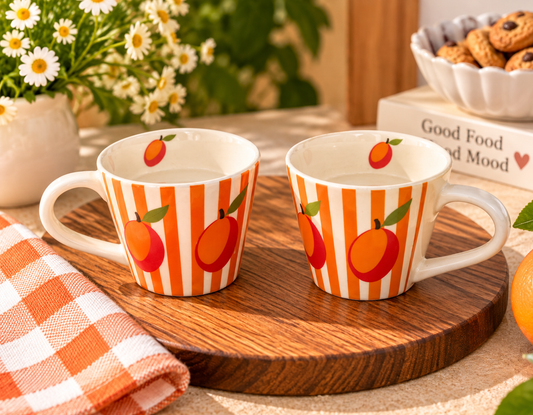 Orange Fruit Striped Ceramic Coffee Mugs Set of 2