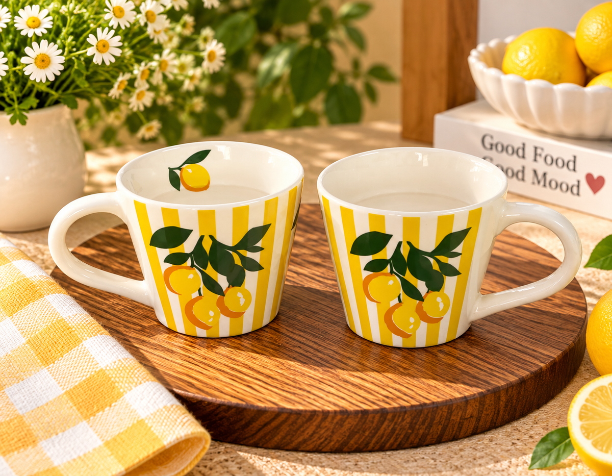 Lemon Bliss Yellow Striped Ceramic Coffee Mug | Aesthetic Fruit Print Mug