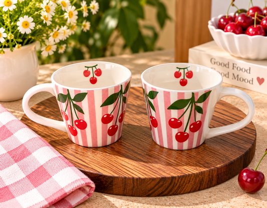 Cherry Bliss Pink Striped Ceramic Coffee Mug Set of 2