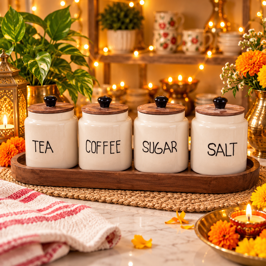 Classic White Ceramic Kitchen Storage Jar Set with Wooden Lids – Set of 4
