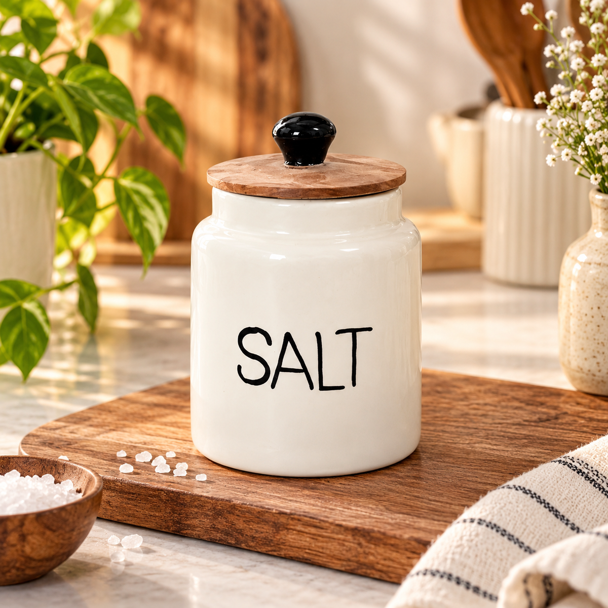 Minimalist White Ceramic Salt Storage Jar with Wooden Lid | Aesthetic Kitchen Container