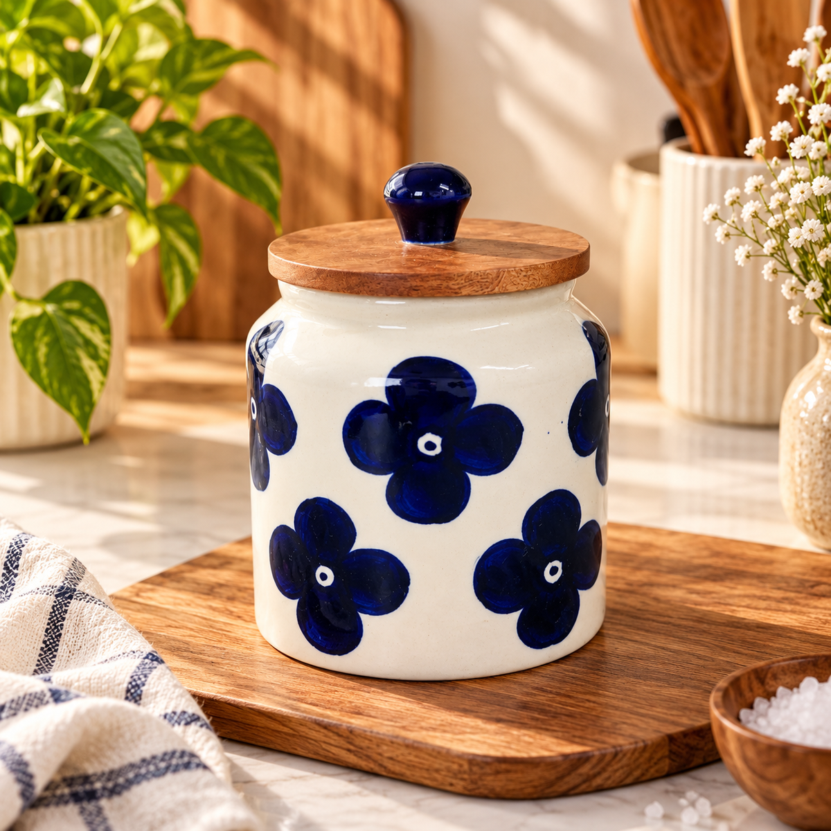Blue Blossom Ceramic Storage Jar with Wooden Lid | Handpainted Floral Kitchen Container