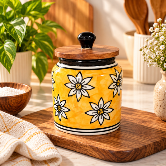 Yellow Daisy Handpainted Ceramic Storage Jar with Wooden Lid | Floral Kitchen Container