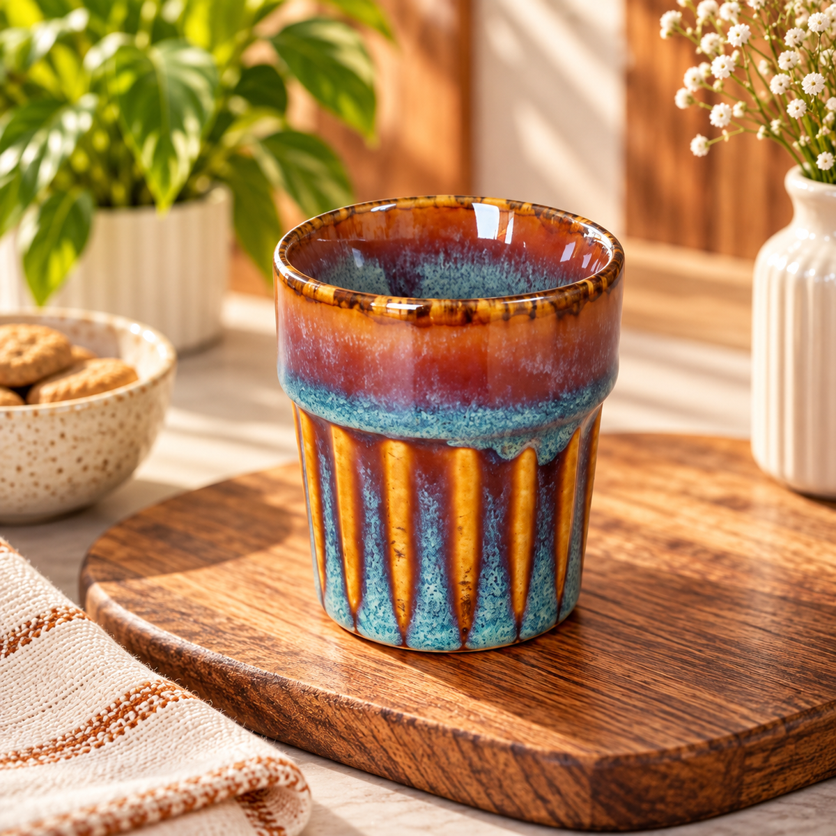 Rustic Ocean Blue & Amber Glazed Ceramic Tumbler | Handmade Ribbed Tea Cup