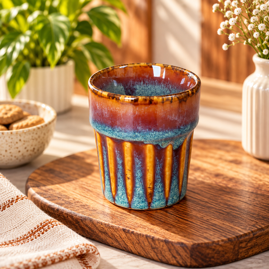 Rustic Ocean Blue & Amber Glazed Ceramic Tumbler | Handmade Ribbed Tea Cup