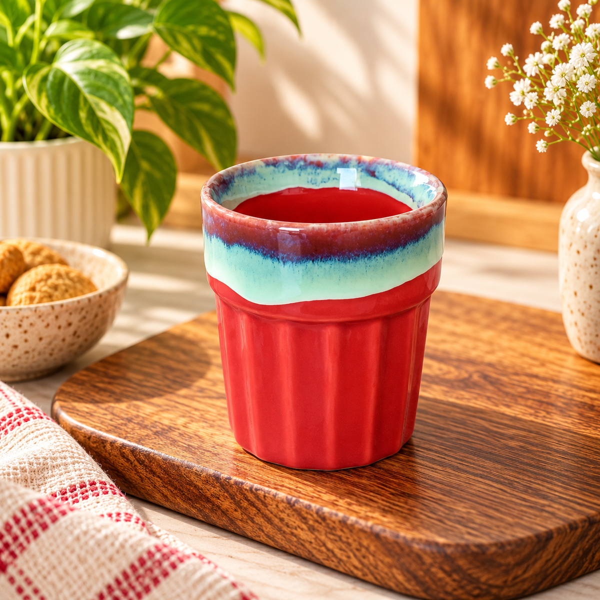 Sunset Red & Aqua Glazed Ribbed Ceramic Cup | Handmade Tea & Coffee Cup