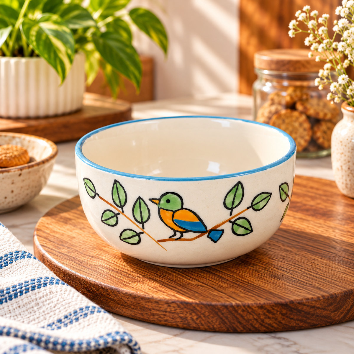 Handpainted Bird & Leaf Ceramic Bowl | Aesthetic Blue Rim Serving Bowl