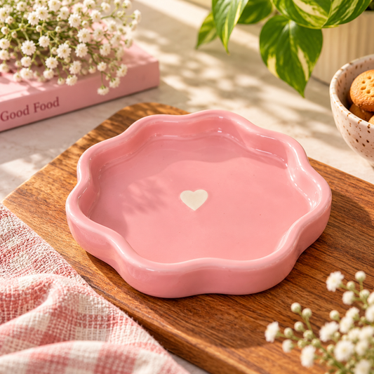 Blush Pink Scalloped Ceramic Trinket Tray with Heart | Aesthetic Jewellery & Snack Dish
