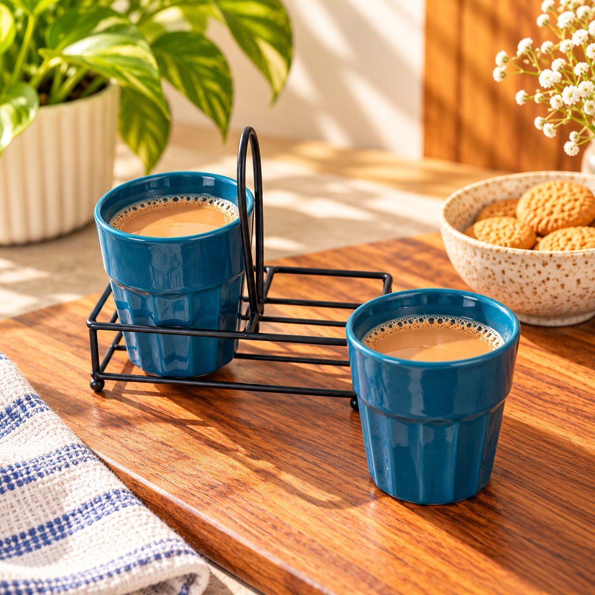 Ocean Blue Ribbed Ceramic Kulhad Tea Cups with Metal Stand | Set of 2