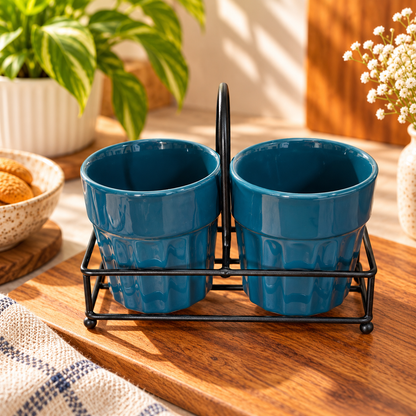 Ocean Blue Ribbed Ceramic Kulhad Tea Cups with Metal Stand | Set of 2