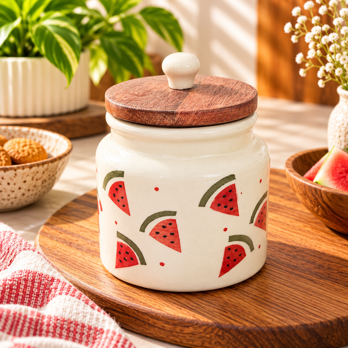 Watermelon Print Ceramic Storage Jar with Wooden Lid | Aesthetic Kitchen Container