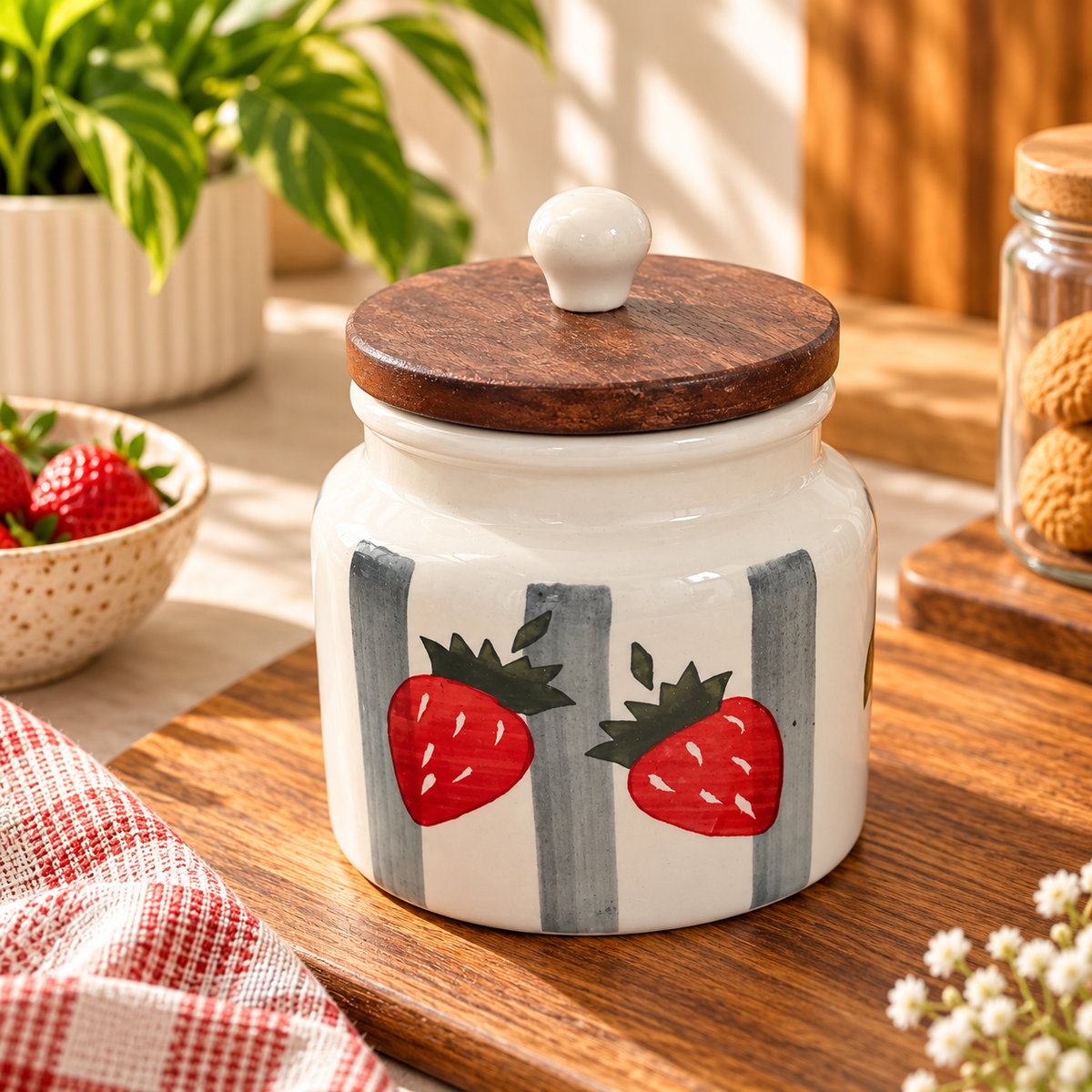 Strawberry Stripes Hand-Painted Ceramic Storage Jar with Wooden Lid