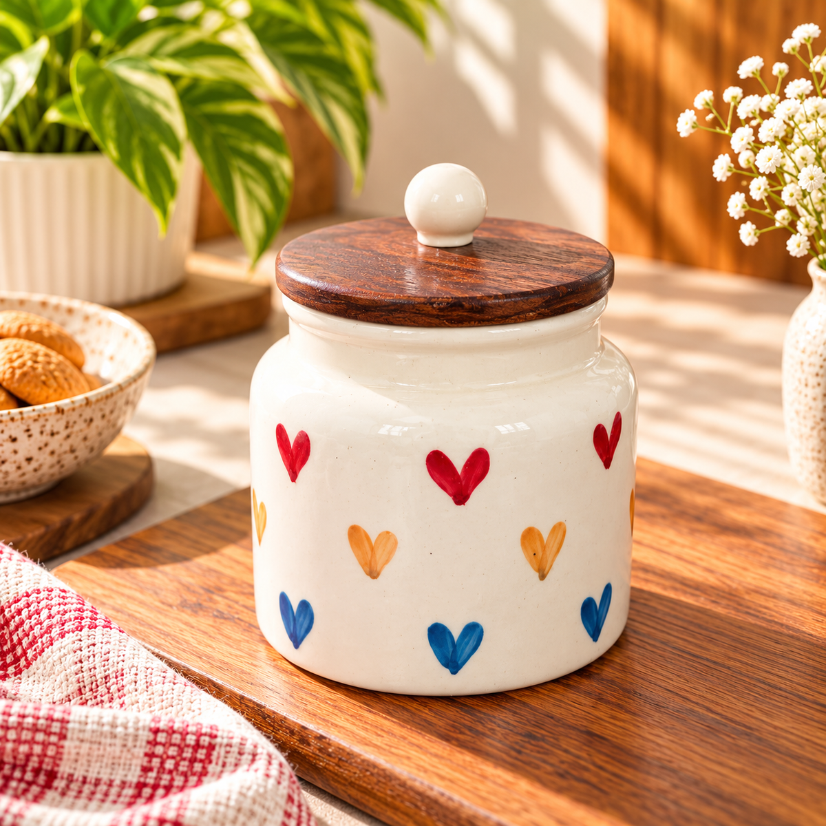 Multicolor Hearts Hand-Painted Ceramic Storage Jar with Wooden Lid