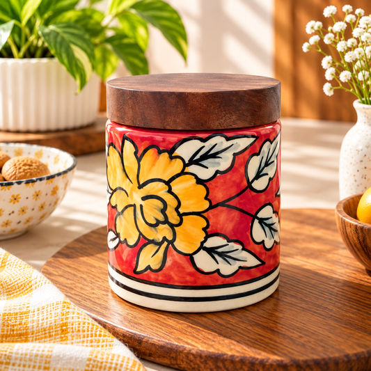 Hand-Painted Red Floral Ceramic Storage Jar with Wooden Lid
