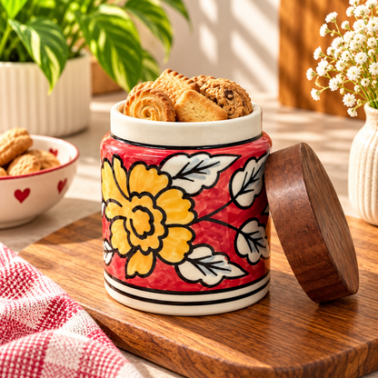 Hand-Painted Red Floral Ceramic Storage Jar with Wooden Lid
