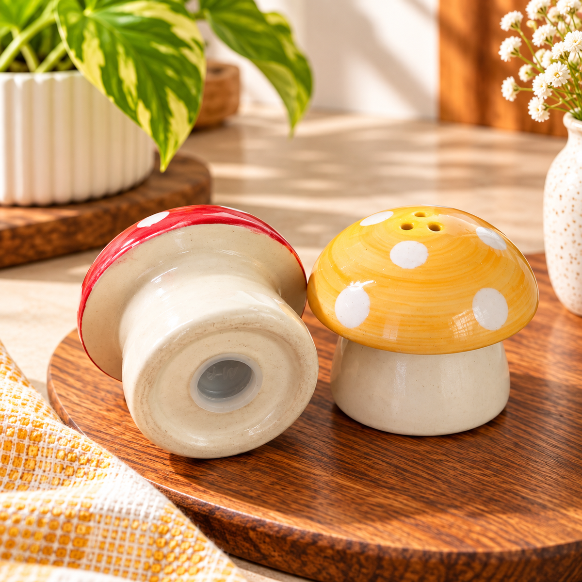 Cute Mushroom Ceramic Salt & Pepper Shaker Set | Hand-Painted Red & Yellow Polka Dot Seasoning Shakers – Set of 2