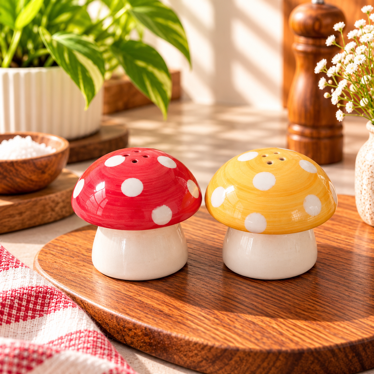 Cute Mushroom Ceramic Salt & Pepper Shaker Set | Hand-Painted Red & Yellow Polka Dot Seasoning Shakers – Set of 2